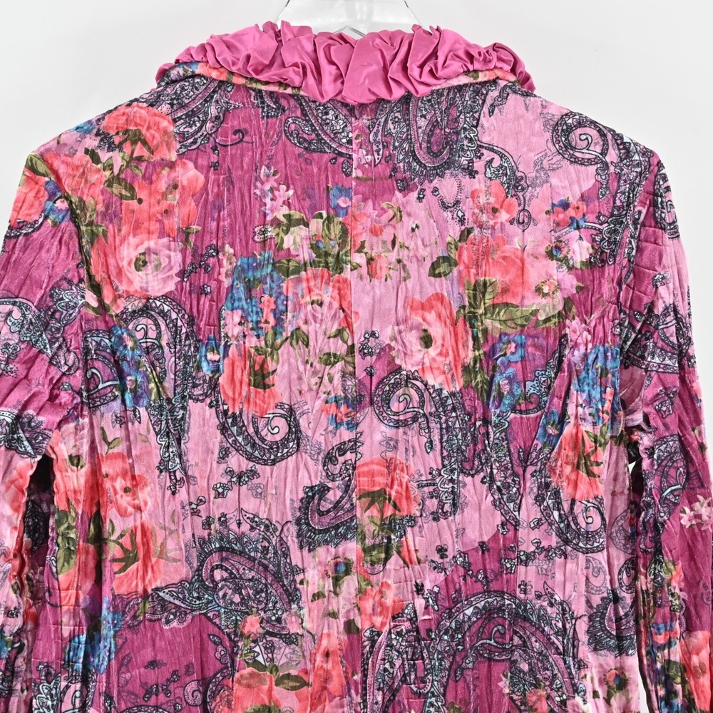 Vtg FANTAZIA Womens Velvet Jacket Size M Pink Floral Paisley Crinkle Ruffle Y2k - Picture 10 of 11